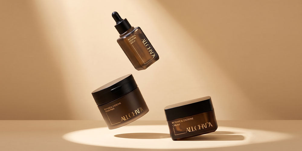 ALLCHADA Botanical Exosome longevity skincare collection serum toner pad and cream at Dear Glow Singapore