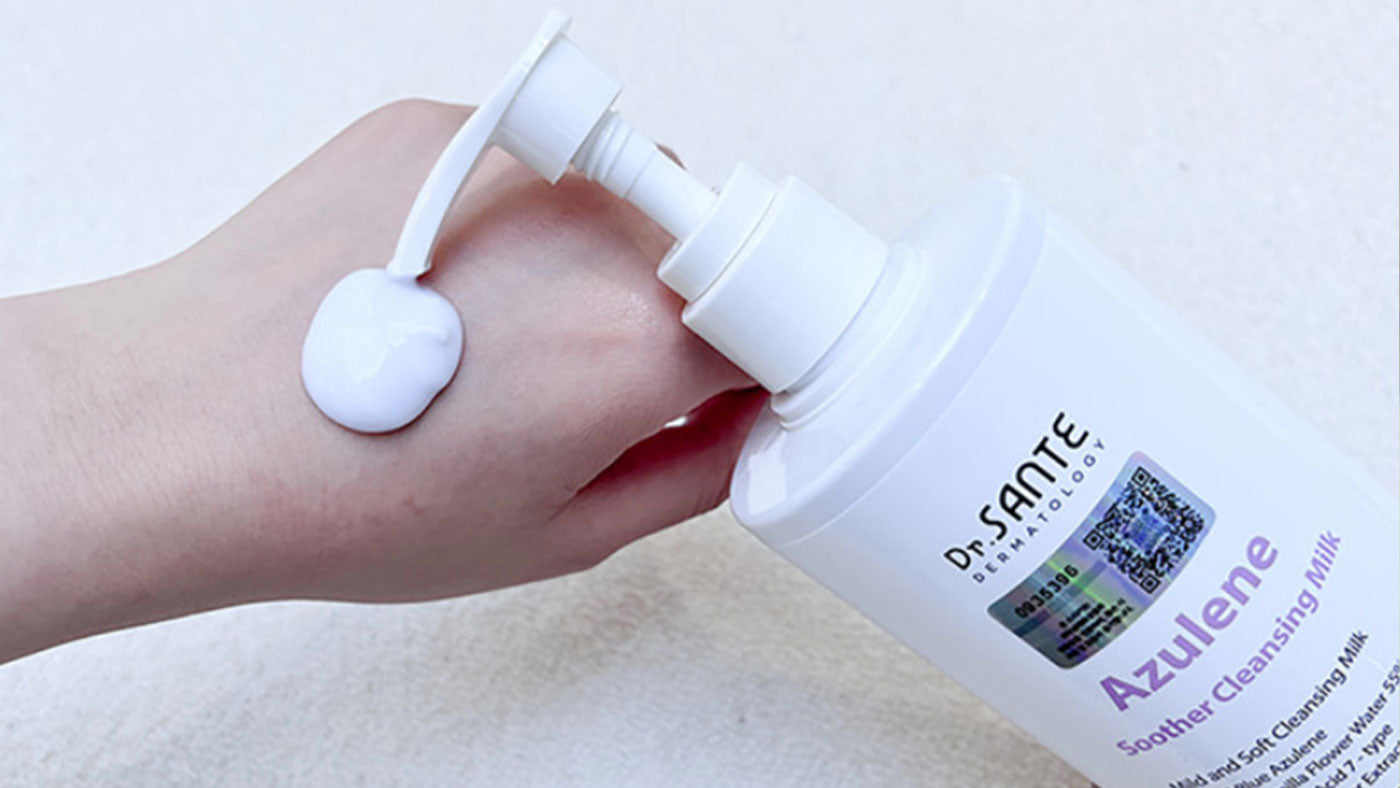 Dr.SANTE Azulene Soother Cleansing Milk creamy texture on hand, available at Dear Glow Singapore