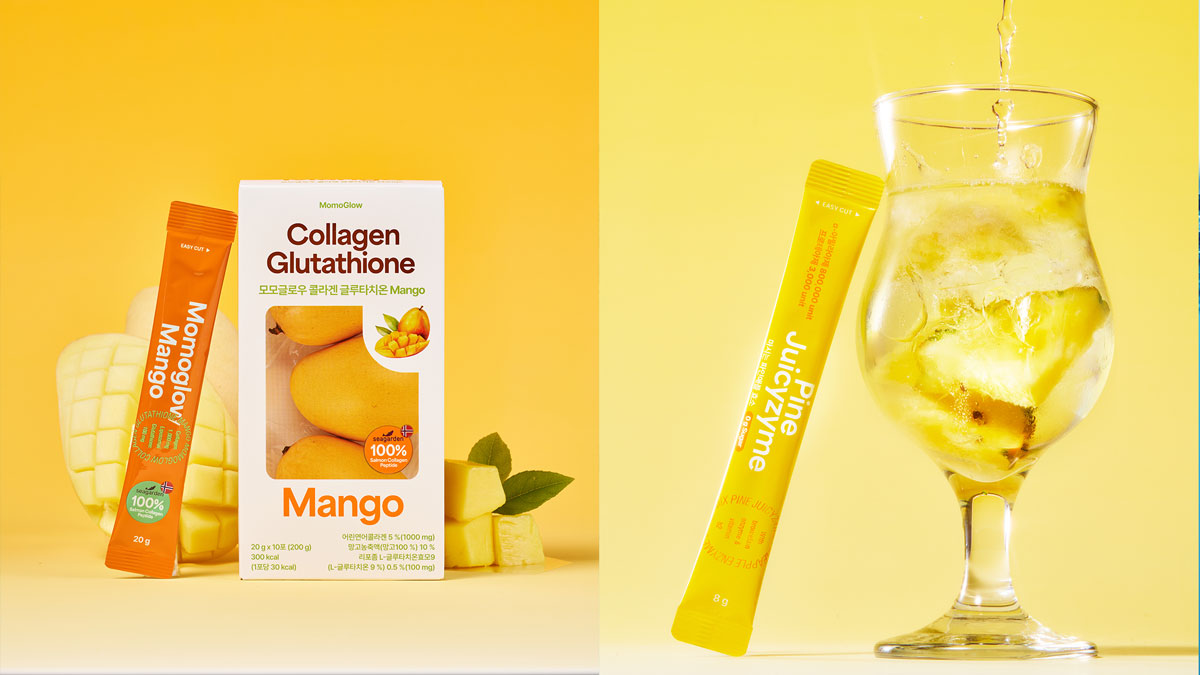 Juicyzyme enzyme drink and MomoGlow collagen jelly stick packs from the Momo & Juicy Korean wellness collection